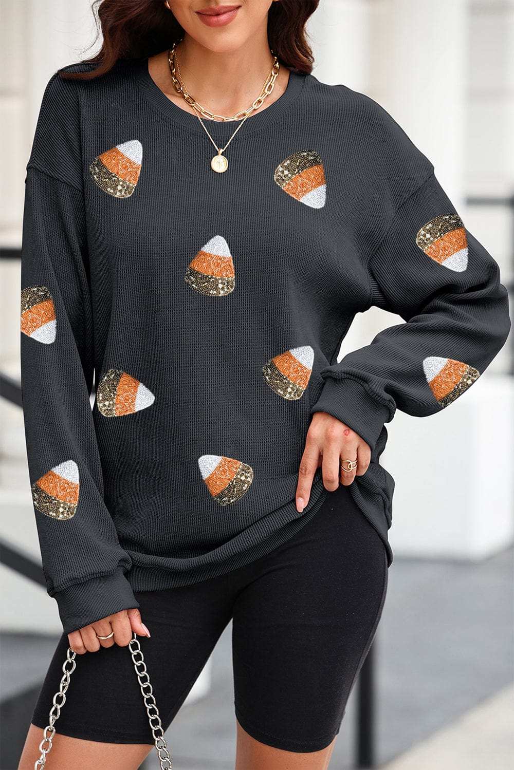 Sequin Round Neck Long Sleeve Sweatshirt - Trendsi - Flyclothing LLC