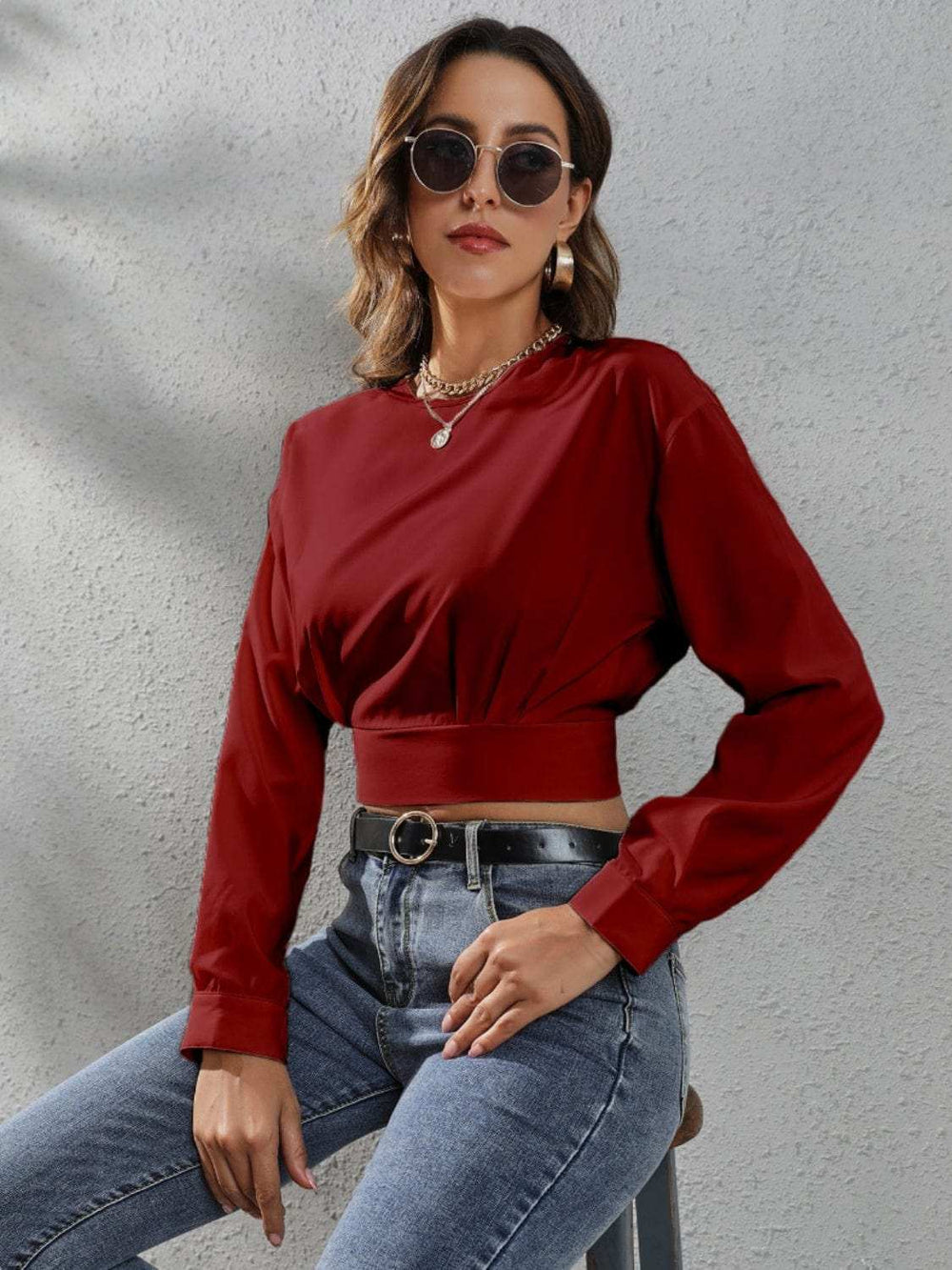Round Neck Long Sleeve Blouse - Trendsi - Flyclothing LLC