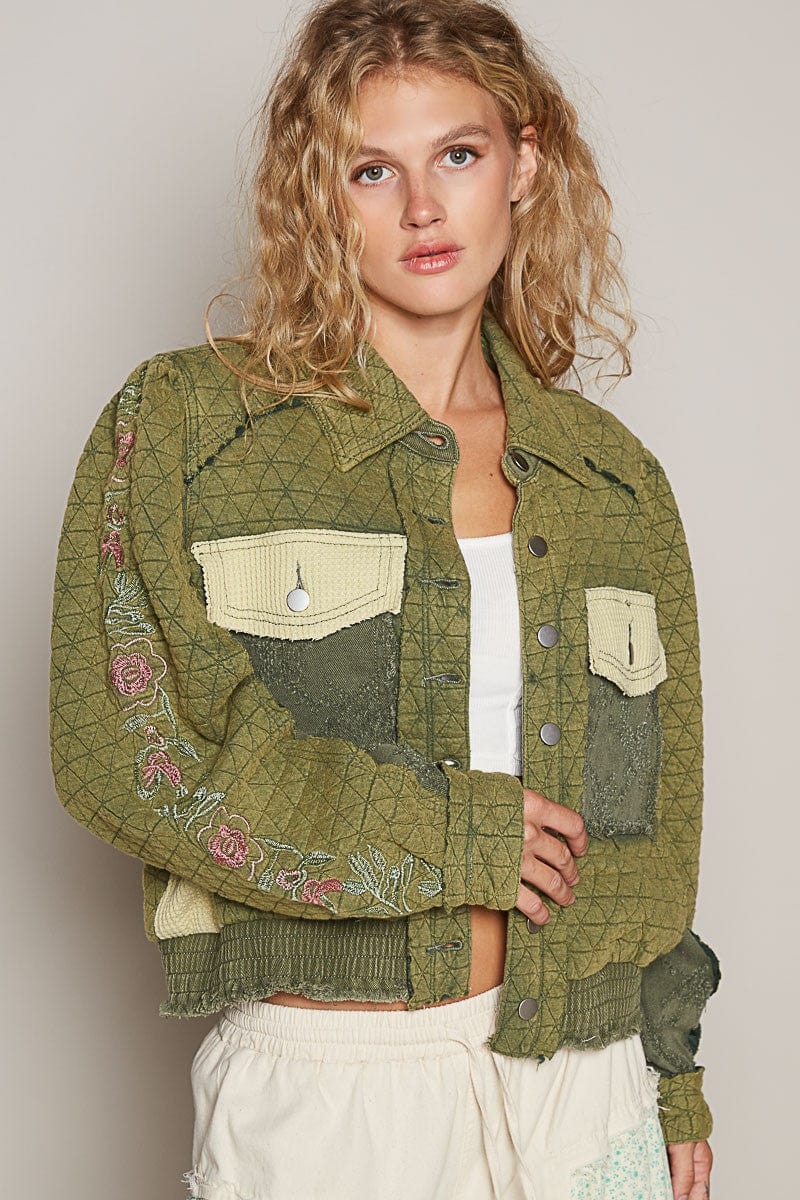 POL Embroidered Sleeve Raw Edge Quilted Jacket - Trendsi