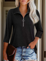 Half Zip Collared Neck Three-Quarter Sleeve T-Shirt - Trendsi - Flyclothing LLC