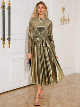 Tie Waist Long Sleeve Midi Dress - Trendsi - Flyclothing LLC