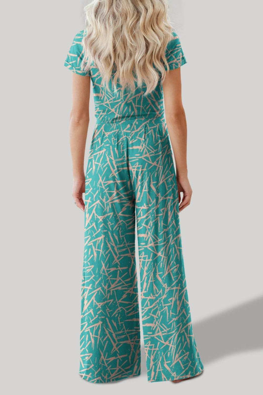 Printed Round Neck Short Sleeve Top and Pants Set - Trendsi - Flyclothing LLC