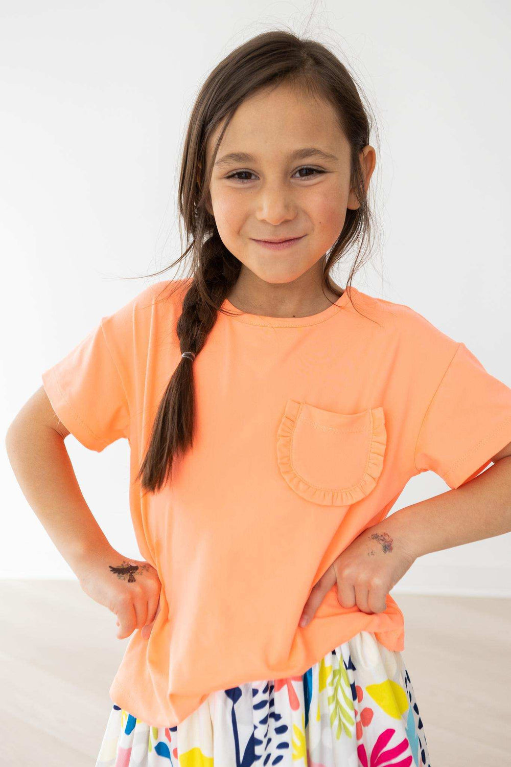 Neon Coral Ruffle Pocket Tee - Mila & Rose ® - Flyclothing LLC