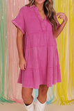 Mineral Wash Crinkle Split Neck Raw Hem Tiered Dress - Trendsi