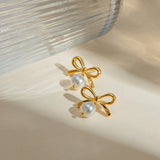 Stainless Steel Bow Pearl Earrings - Trendsi - Flyclothing LLC