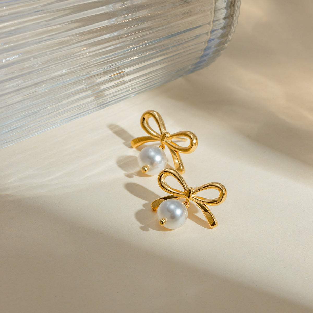 Stainless Steel Bow Pearl Earrings - Trendsi - Flyclothing LLC