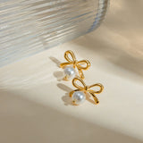 Stainless Steel Bow Pearl Earrings - Trendsi