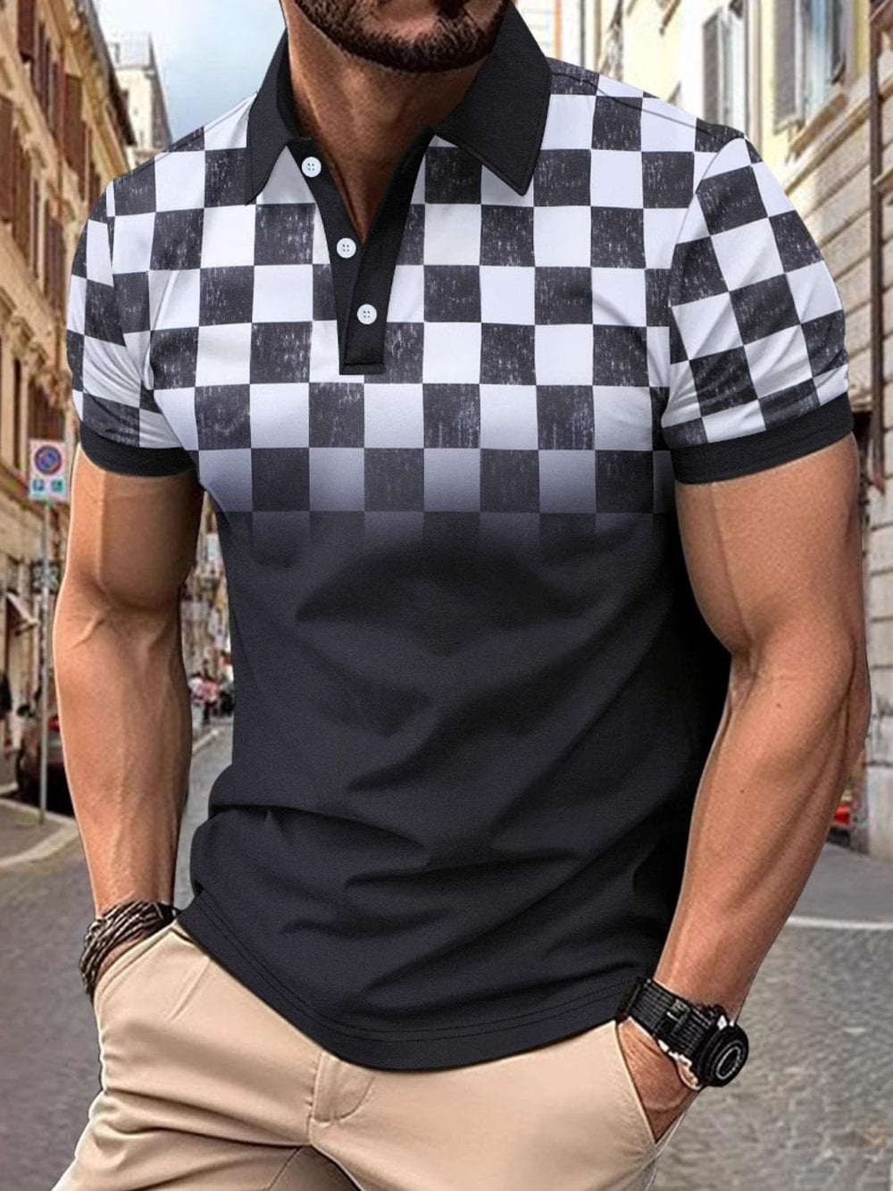 Men's Full Size Collared Checkered Short Sleeve Polo Plus Size - Trendsi