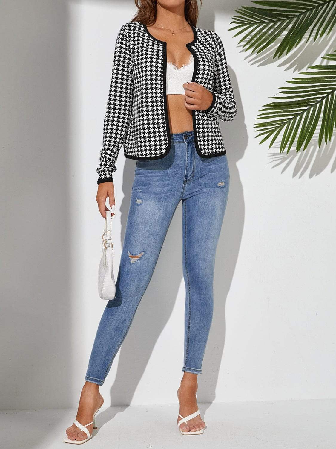 Houndstooth Open Front Long Sleeve Jacket - Trendsi - Flyclothing LLC