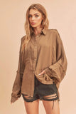 Aemi + Co Raw Edge Exposed Seam Collared Neck Long Sleeve Shirt - Trendsi