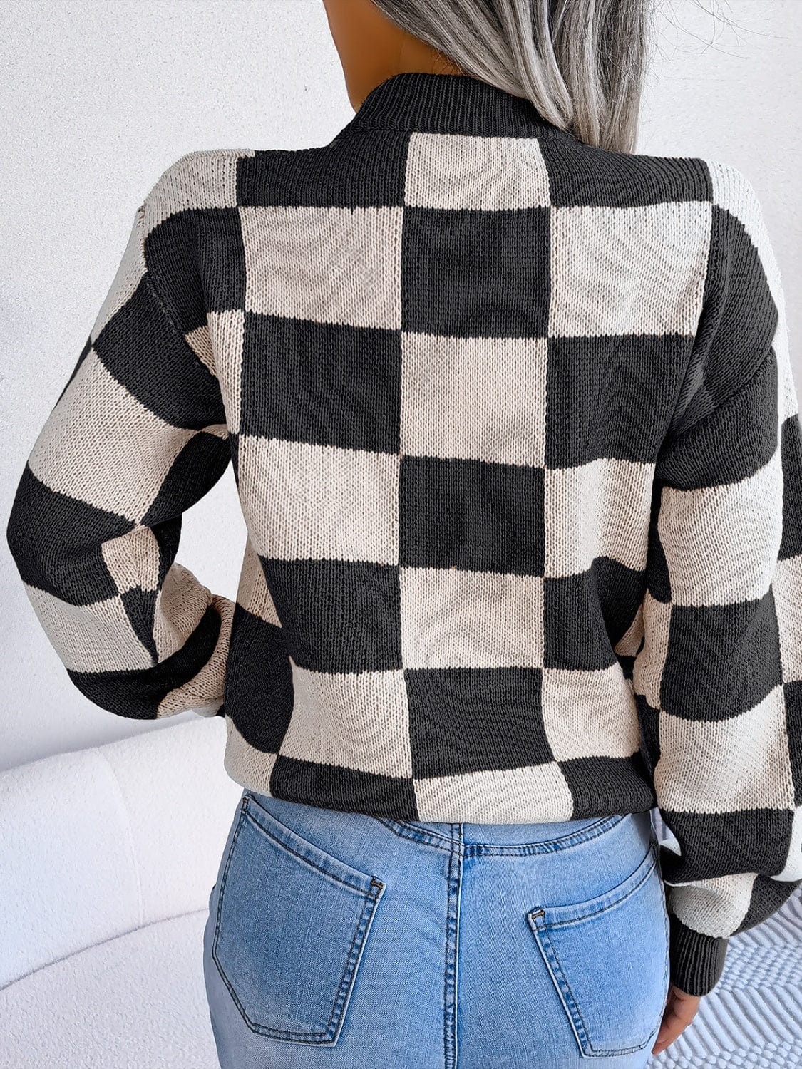 Checkered Mock Neck Long Sleeve Sweater - Trendsi