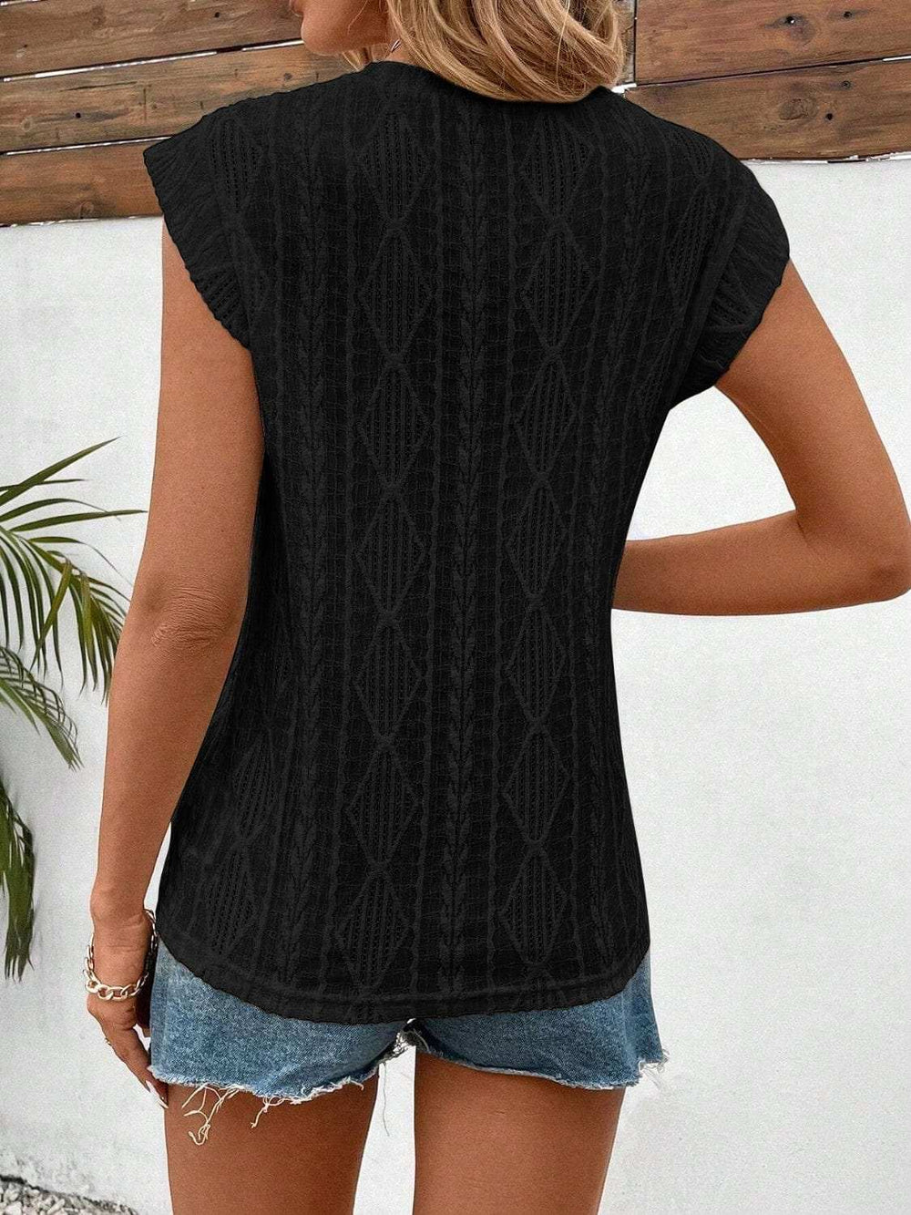 Openwork Round Neck Cap Sleeve Top - Trendsi - Flyclothing LLC