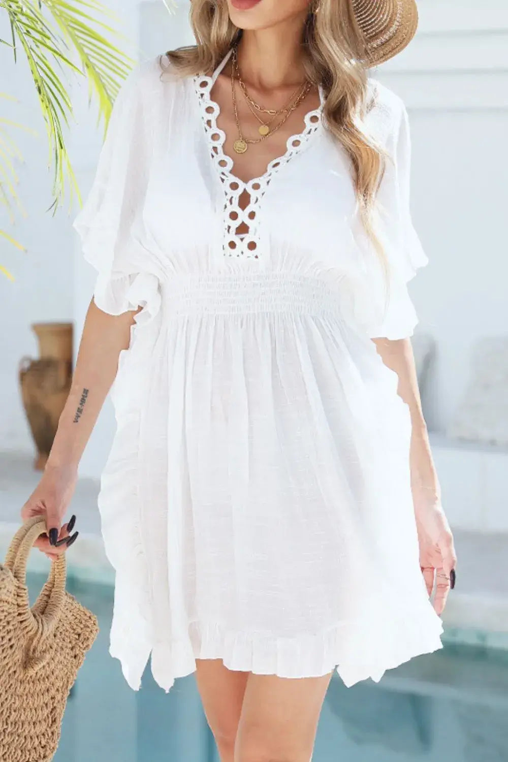 Ruffled Smocked Waist V-Neck Cover-Up - Trendsi - Flyclothing LLC