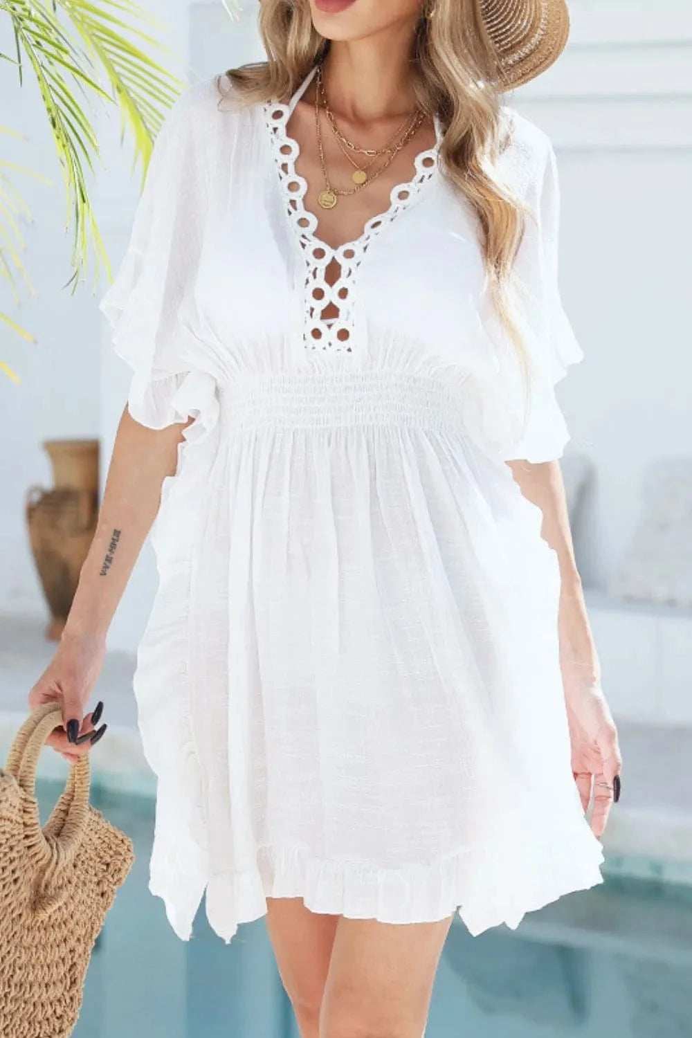 Ruffled Smocked Waist V-Neck Cover-Up - Trendsi - Flyclothing LLC
