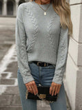 Cable-Knit Round Neck Long Sleeve Sweater - Trendsi - Flyclothing LLC