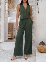 Devine Button Down Vest and Wide Leg Pants Set - Trendsi - Flyclothing LLC