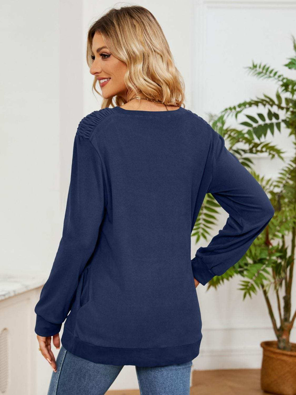Ruched Shoulder Round Neck Long Sleeve Sweatshirt - Trendsi - Flyclothing LLC