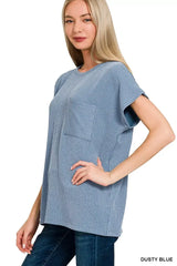 Zenana Raised Rib Front Pocket Boxy Top - Trendsi - Flyclothing LLC