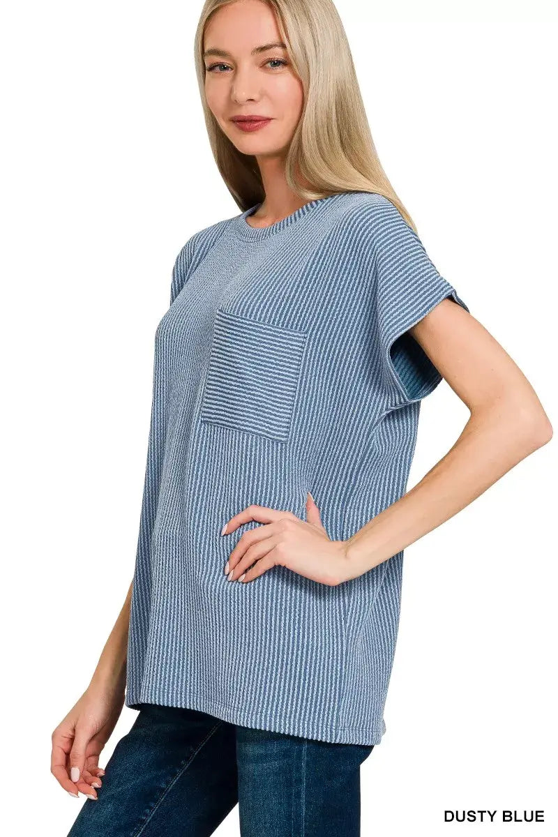 Zenana Raised Rib Front Pocket Boxy Top - Trendsi - Flyclothing LLC