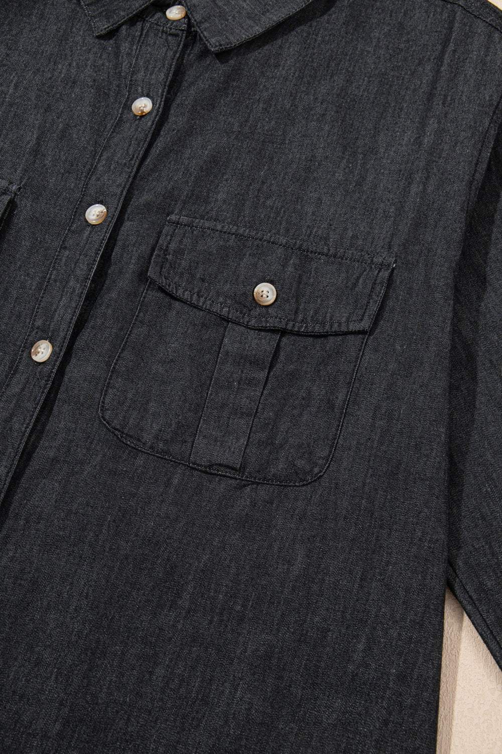 Pocketed Collared Neck Long Sleeve Denim Top - Trendsi - Flyclothing LLC