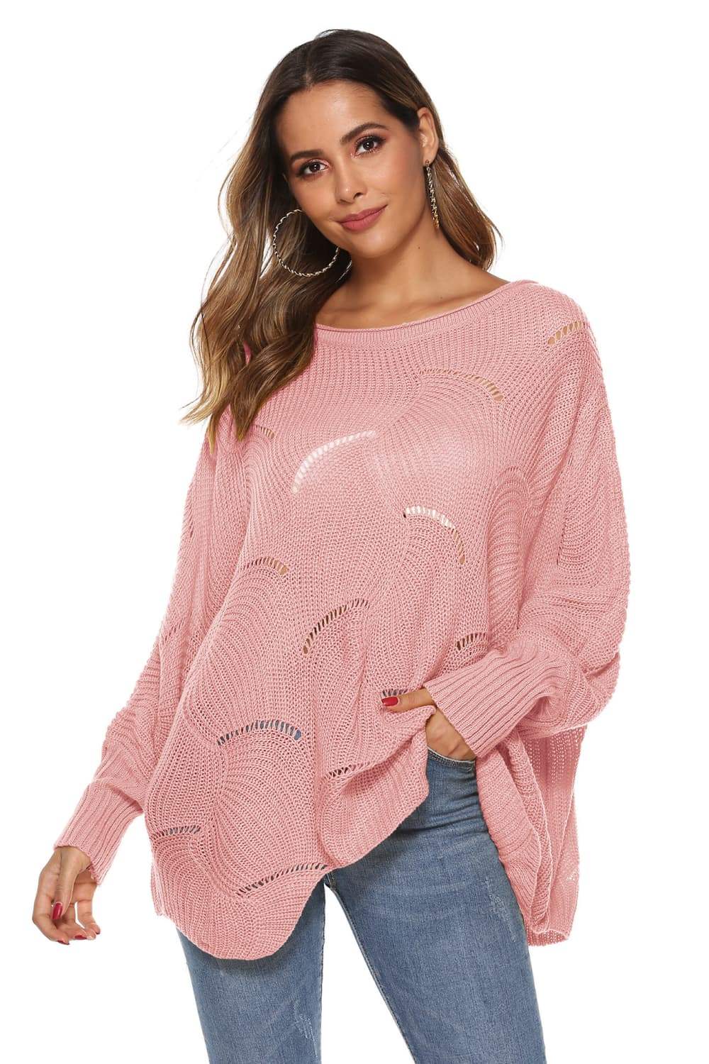 Round Neck Long Sleeve Openwork Sweater - Trendsi - Flyclothing LLC