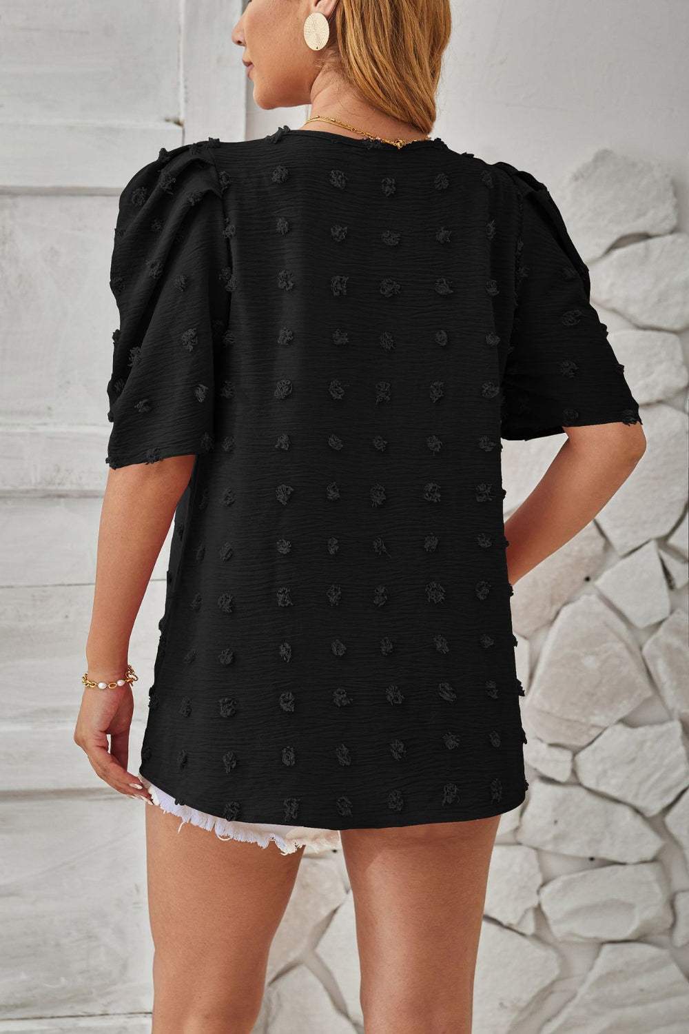 Swiss Dot Round Neck Short Sleeve Blouse - Trendsi - Flyclothing LLC