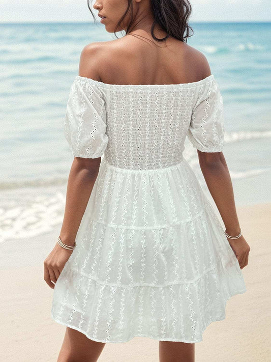 Smocked Eyelet Off-Shoulder Mini Dress - Trendsi - Flyclothing LLC