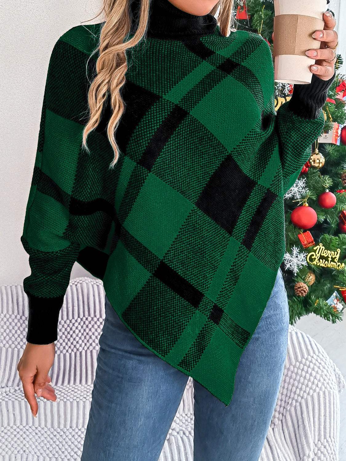 Plaid Turtleneck Batwing Sleeve Sweater - Trendsi - Flyclothing LLC