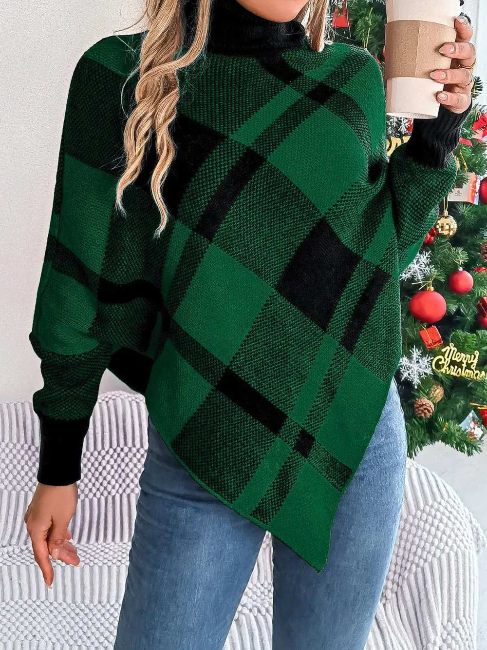 Plaid Turtleneck Batwing Sleeve Sweater - Trendsi - Flyclothing LLC