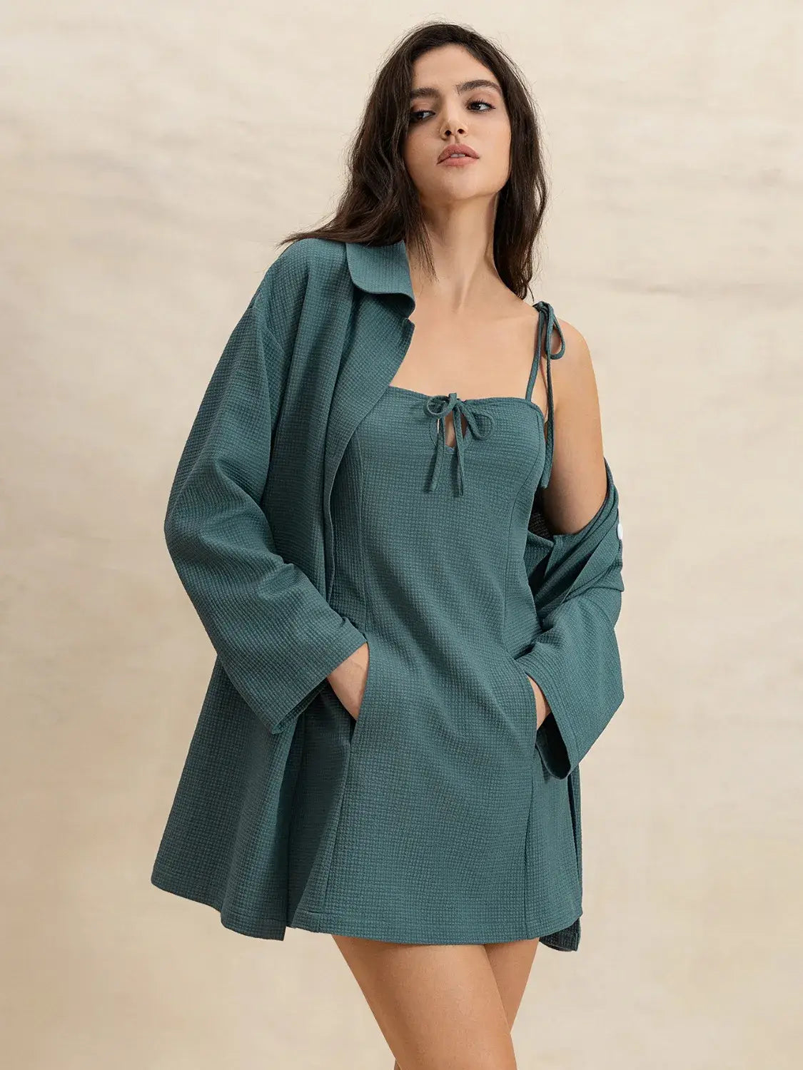 Tie Shoulder Mini Dress and Long Sleeve Top Set - Trendsi - Flyclothing LLC