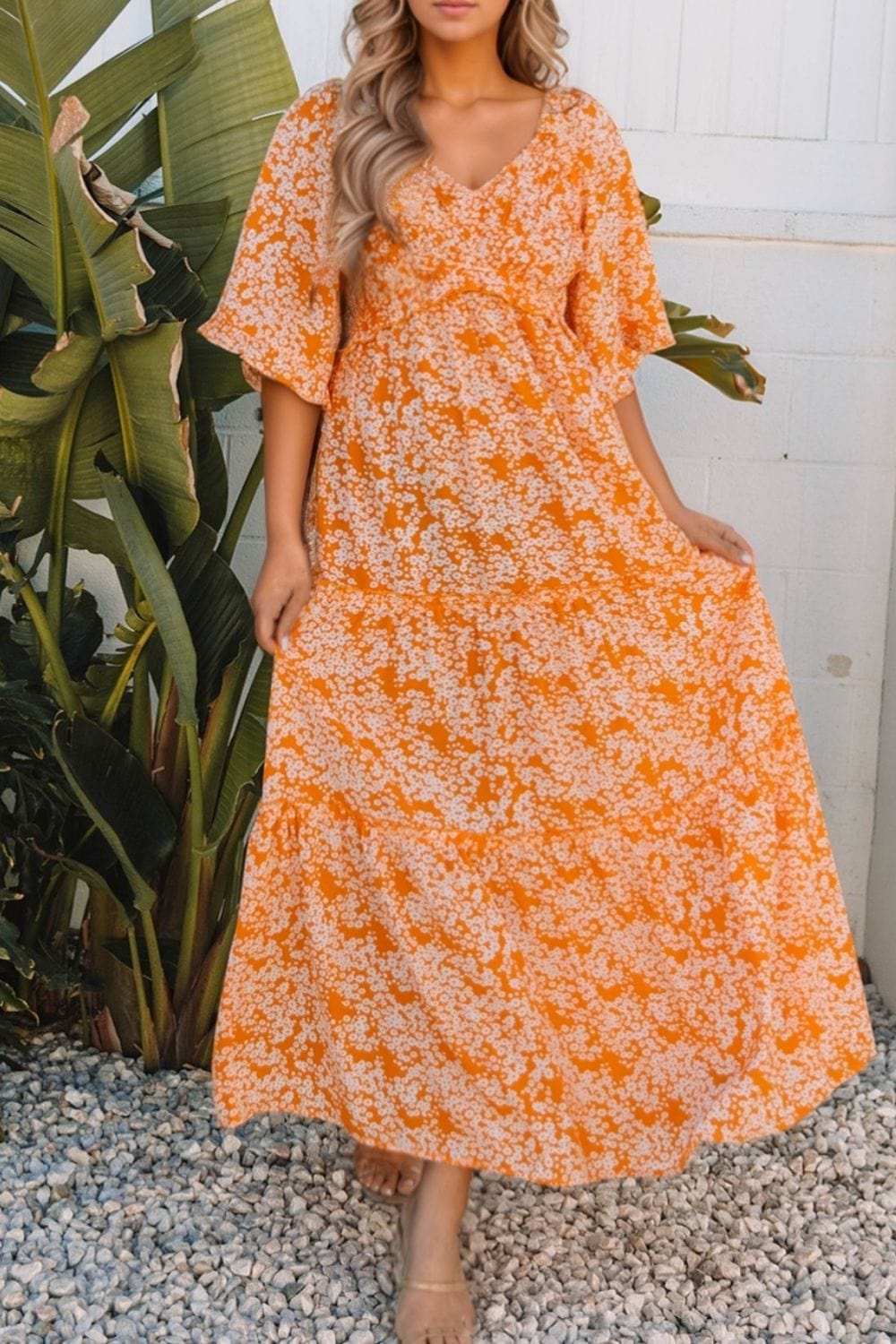Floral Print Smocked V Neck Wide Sleeve Maxi Dress - Trendsi - Flyclothing LLC