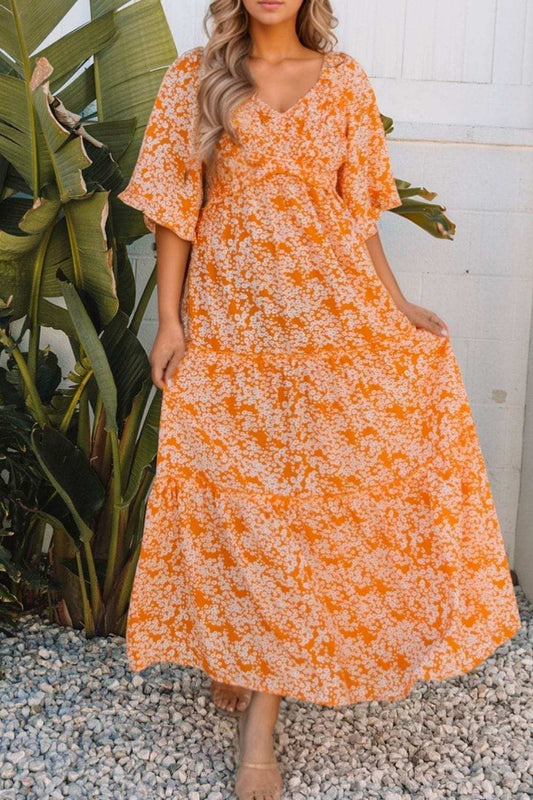 Floral Print Smocked V Neck Wide Sleeve Maxi Dress - Trendsi - Flyclothing LLC