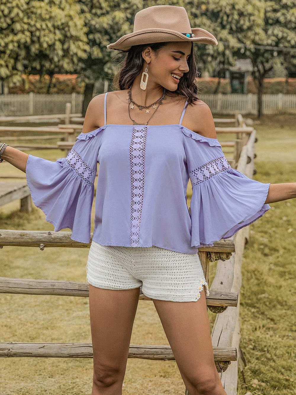 Square Neck Flare Sleeve Blouse - Trendsi - Flyclothing LLC