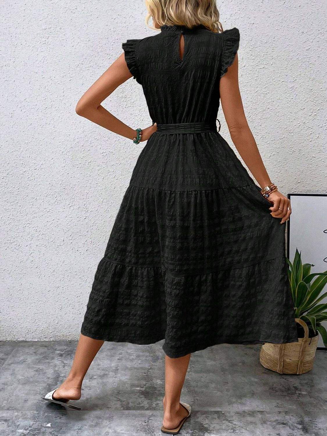 Tied Ruffled Cap Sleeve Midi Dress - Trendsi - Flyclothing LLC