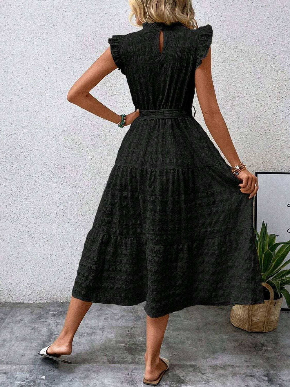Tied Ruffled Cap Sleeve Midi Dress - Trendsi - Flyclothing LLC