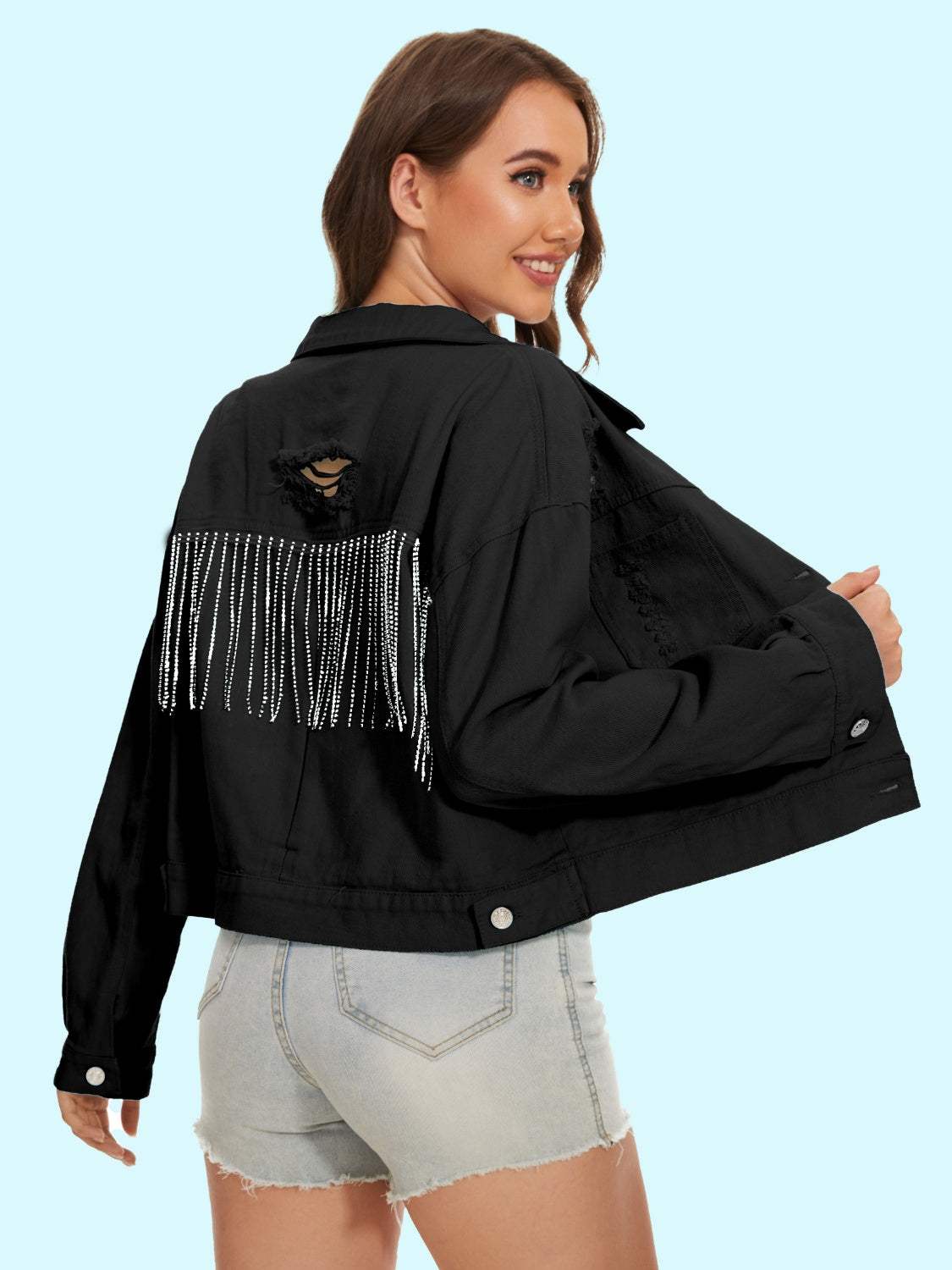 Distressed Distressed Button Up Denim Jacket - Trendsi - Flyclothing LLC