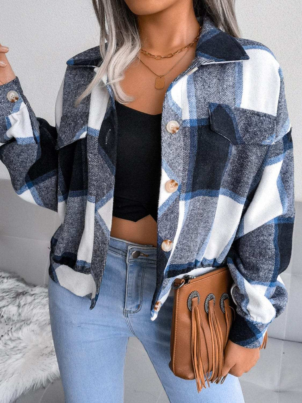 Plaid Collared Neck Long Sleeve Jacket - Trendsi - Flyclothing LLC