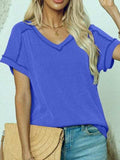 Exposed Seam V-Neck Short Sleeve Top - Trendsi - Flyclothing LLC