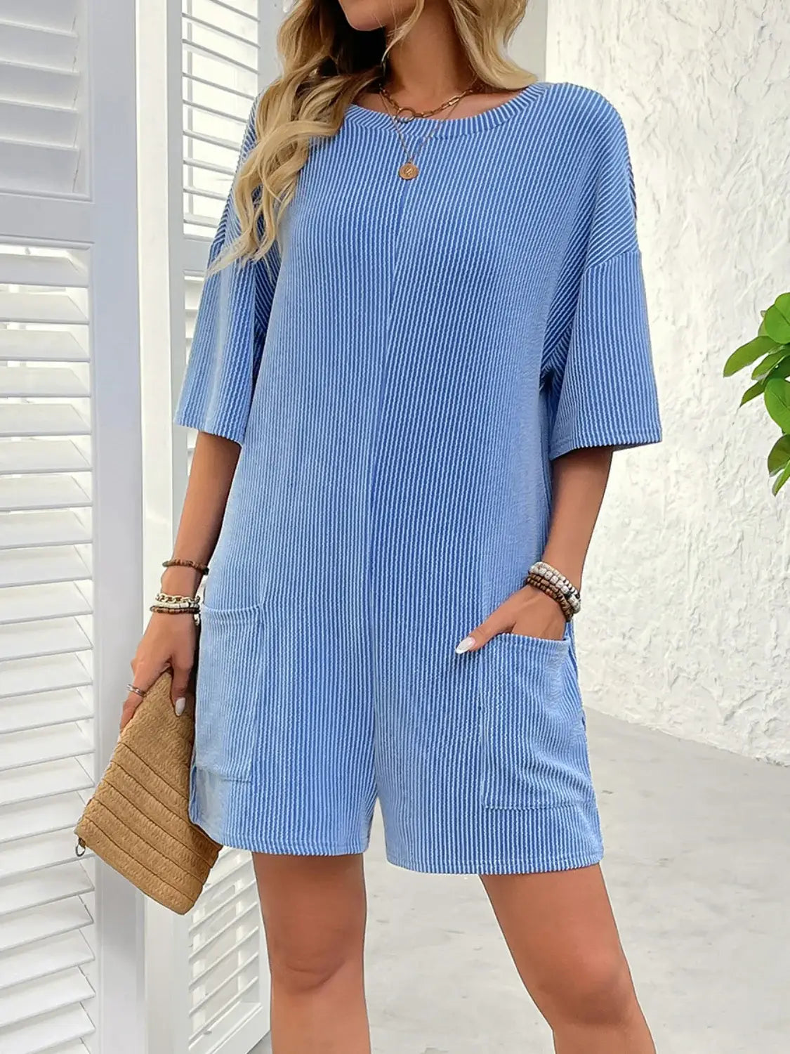 Backless Textured Round Neck Half Sleeve Romper - Trendsi - Flyclothing LLC