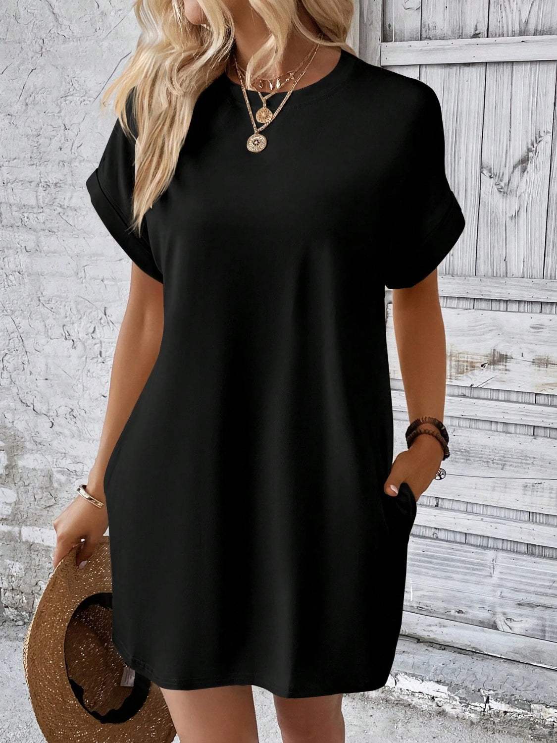 Round Neck Short Sleeve Mini Dress - Trendsi - Flyclothing LLC