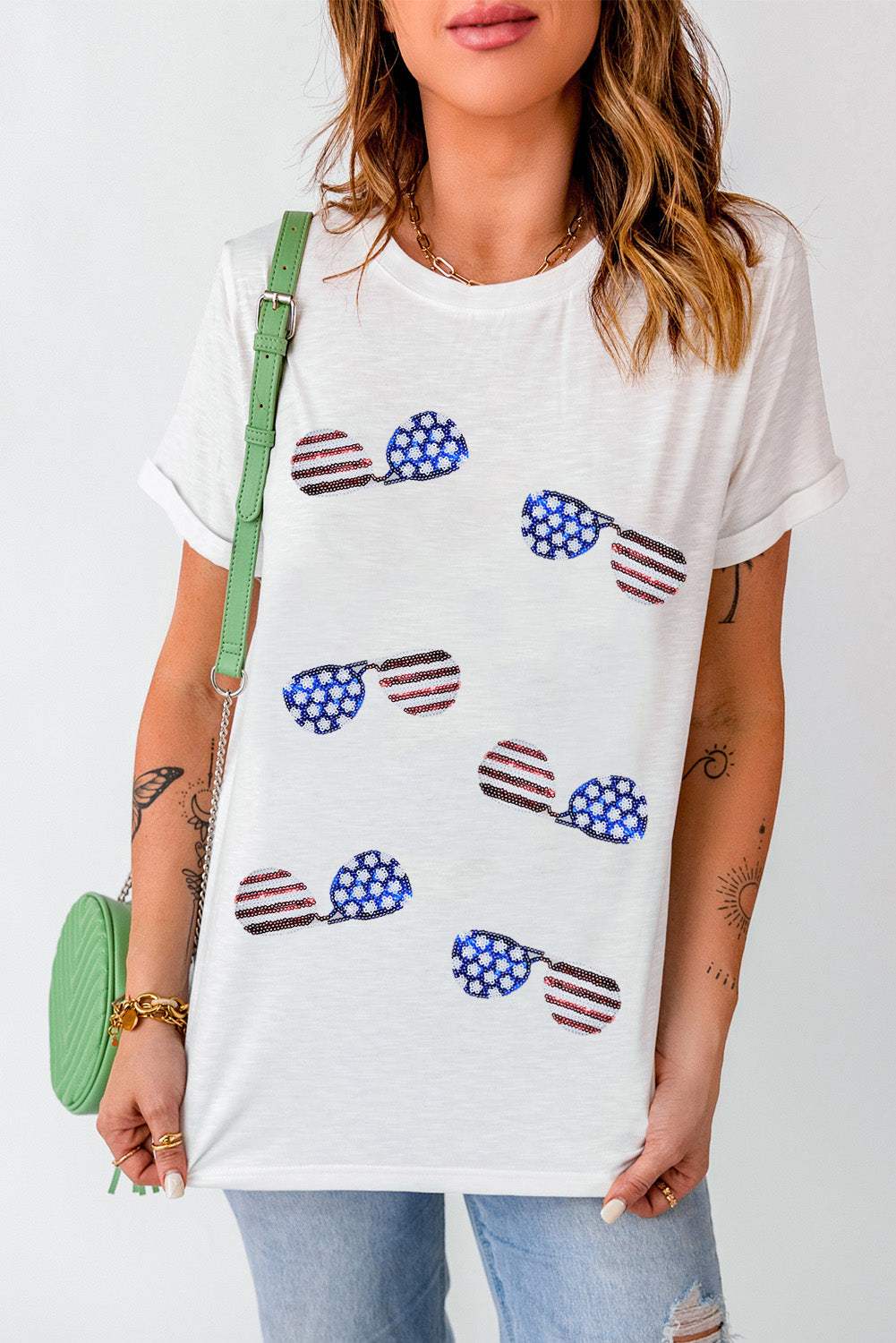 Sequin Round Neck Short Sleeve T-Shirt - Trendsi - Flyclothing LLC