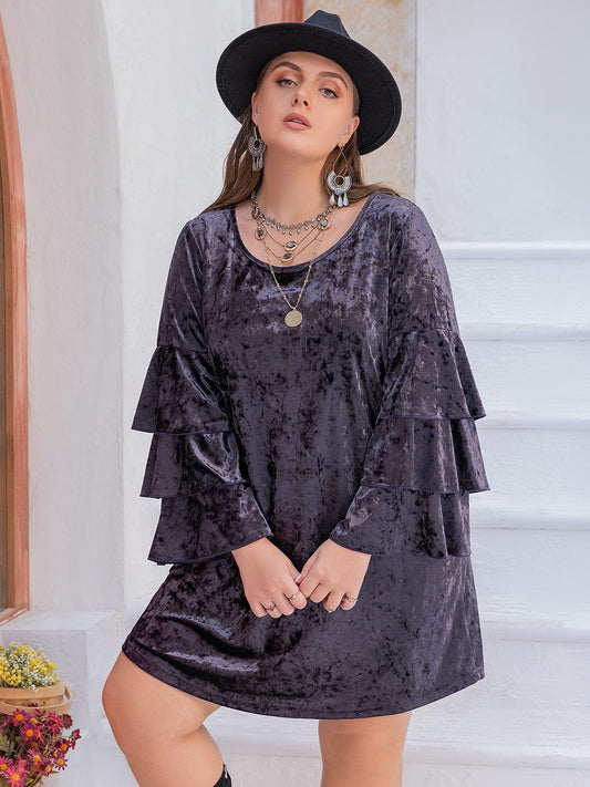 Plus Size Round Neck Flounce Sleeve Mini Dress - Trendsi