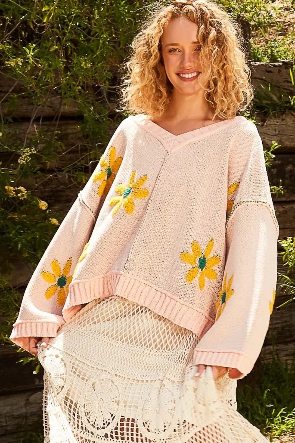 POL V-Neck Floral Pattern Chenille Sweater - Trendsi