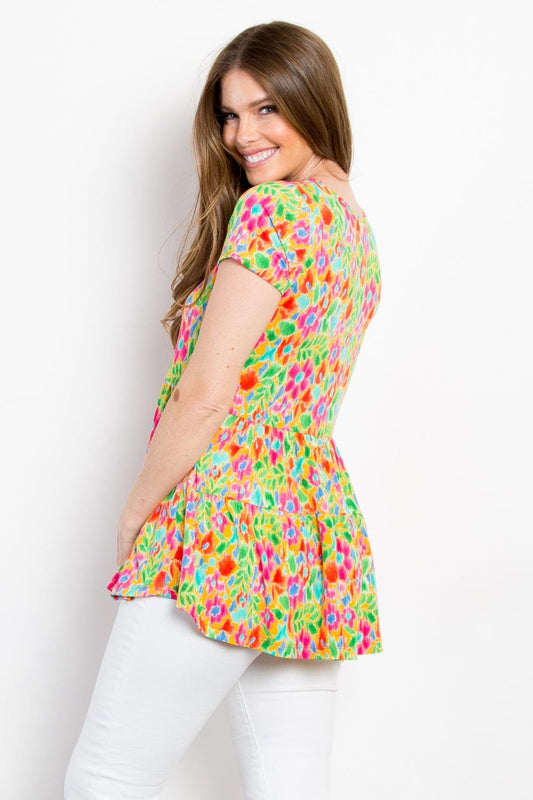 Be Stage Floral Short Sleeve Babydoll Top - Trendsi