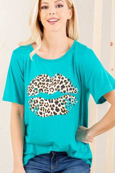 Heimish Full Size Leopard Lip Round Neck Short Sleeve T-Shirt Plus Size - Trendsi - Flyclothing LLC