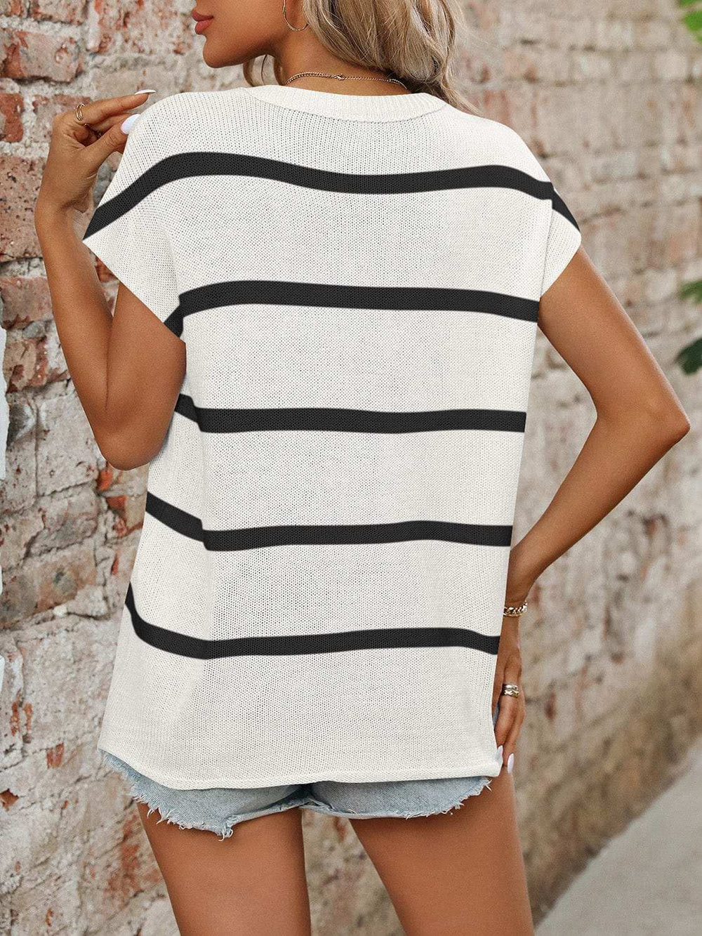 Striped Round Neck Short Sleeve Knit Top - Trendsi - Flyclothing LLC