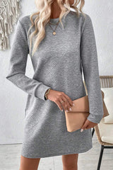 Textured Round Neck Long Sleeve Mini Dress - Trendsi - Flyclothing LLC