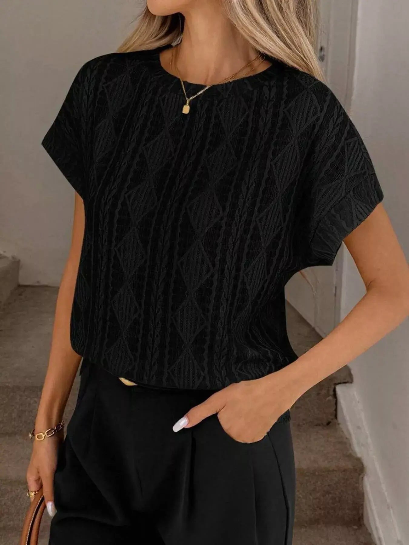 Diamond Pattern Round Neck Top - Trendsi - Flyclothing LLC