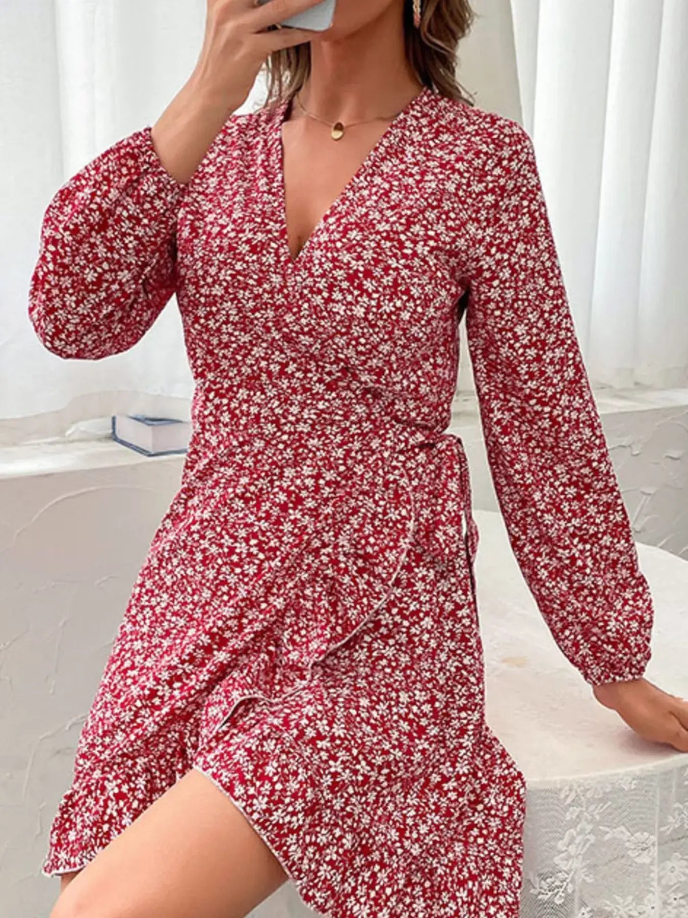 Floral Print Wrap Mini Dress - Trendsi - Flyclothing LLC