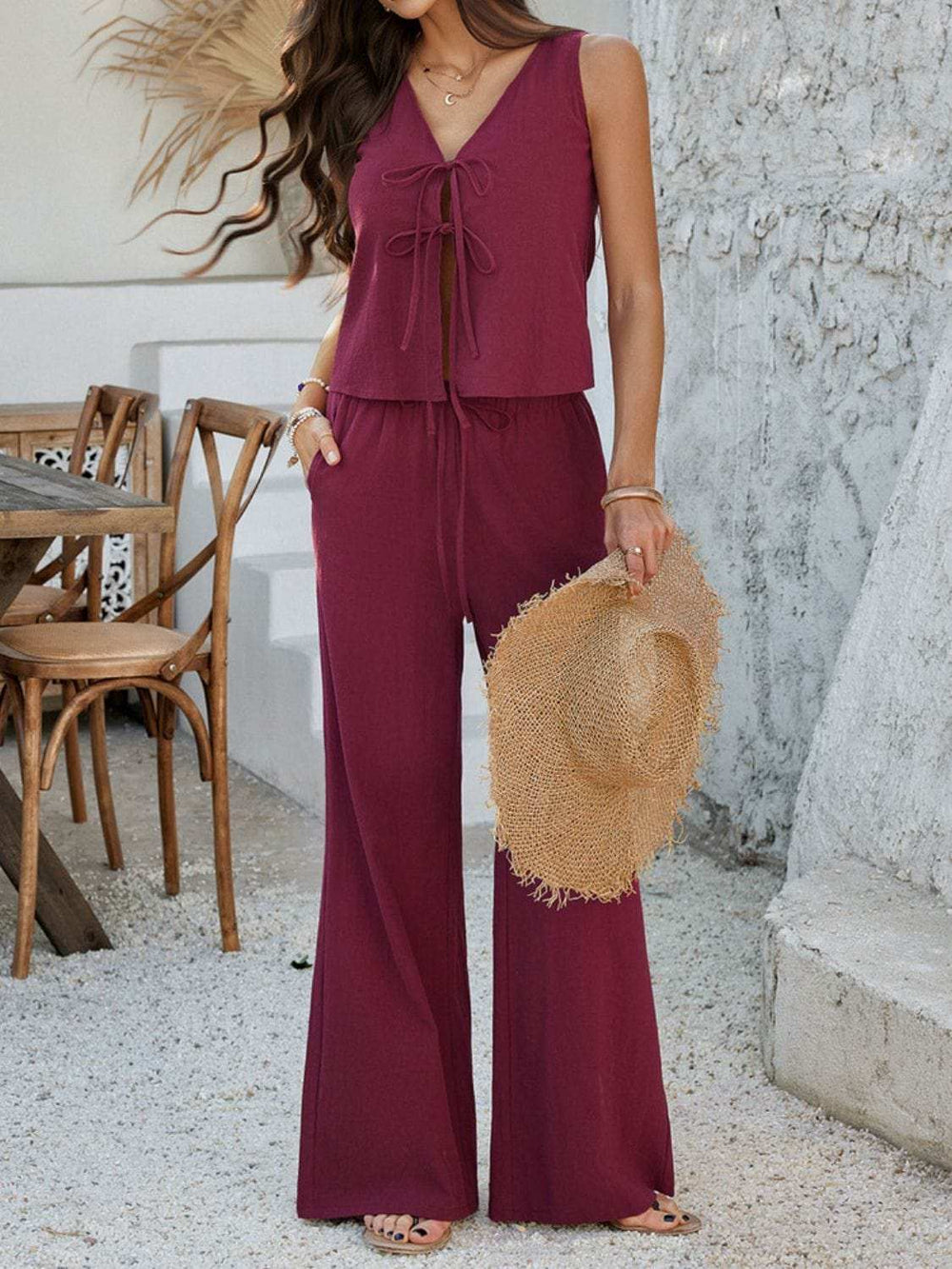 Devine Tied V-Neck Sleeveless Top and Pants Set - Trendsi - Flyclothing LLC